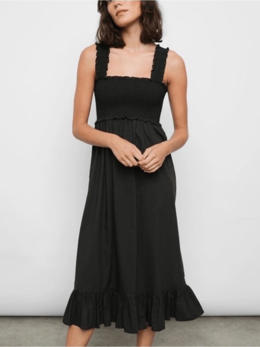 Rails Rumi Black Smocked Maxi Dress Medium Sleeveless Ruffle Poplin Cotton